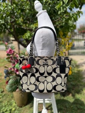 Coach Black & Cream Signature Tote with Red Cherry Charm